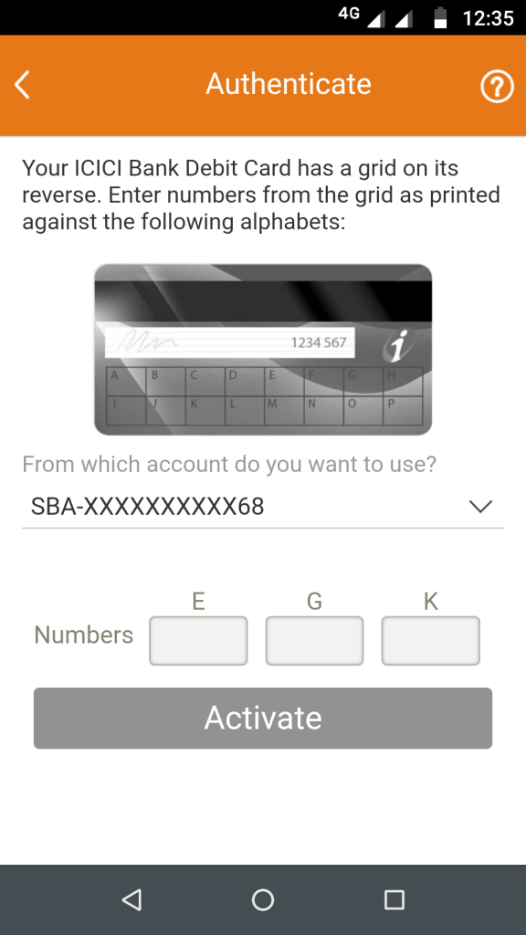 Authenticate account - ICICI iMobile app activation