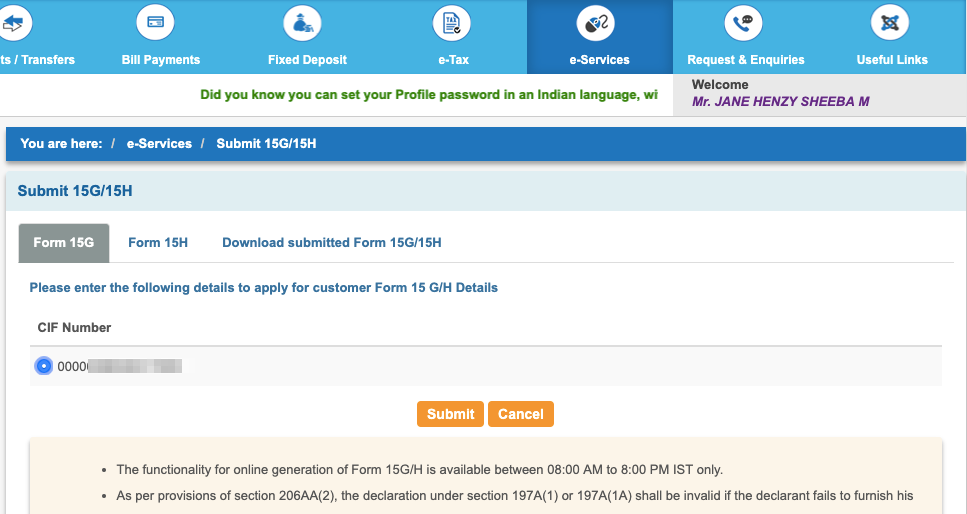 Select CIF number for form 15G