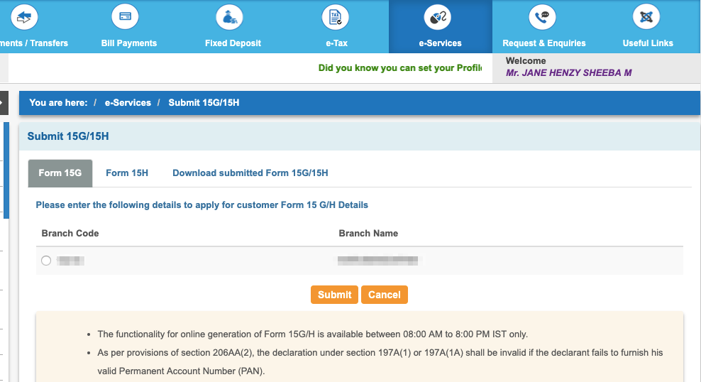 Select branch code for form 15G