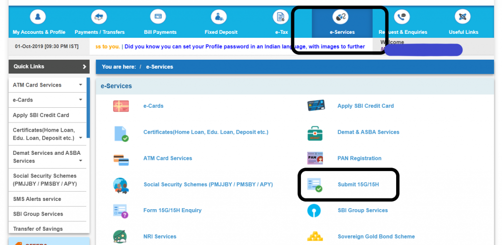 Submit form 15G 15H SBI via internet banking 