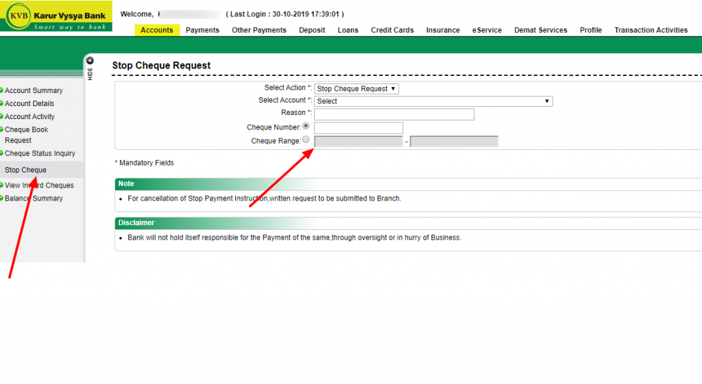 Stop cheque payment using netbanking