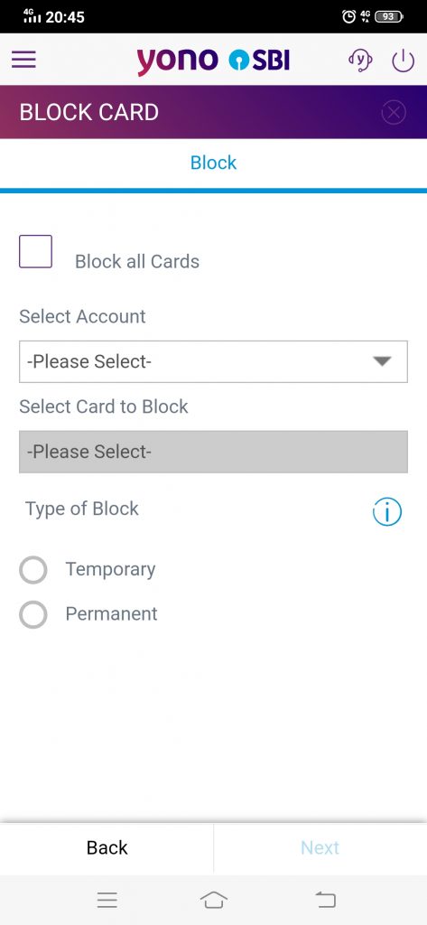 Yono select card to block