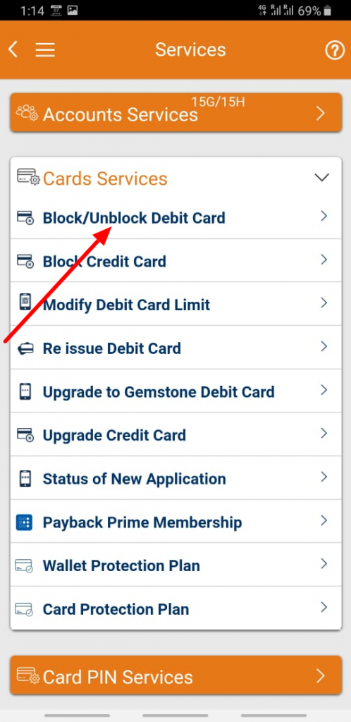 iMobile block unblock debit card