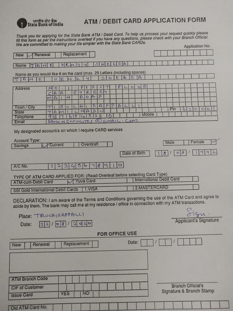 SBI Debit card application form fill up