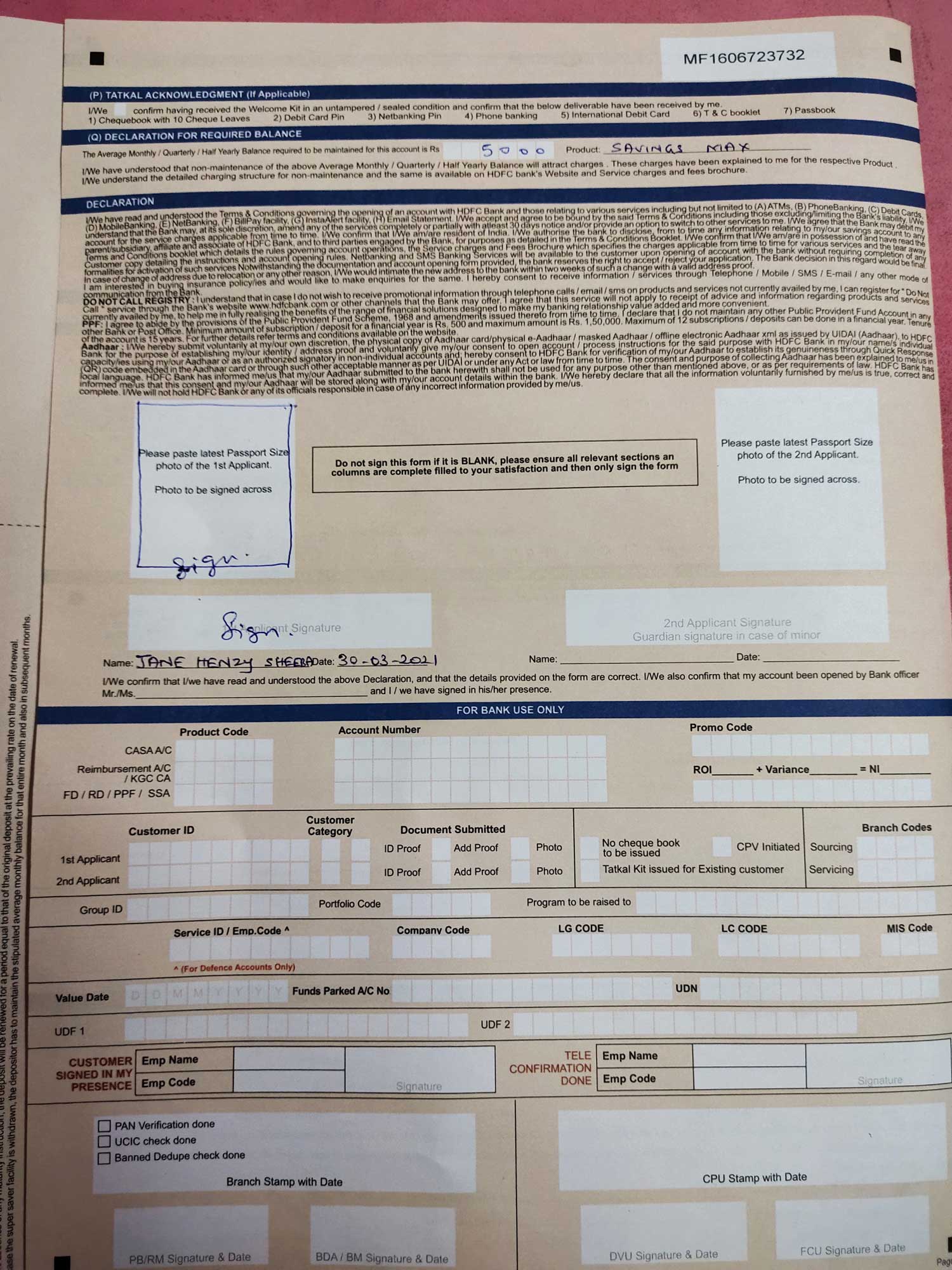 hdfc bank opening account form