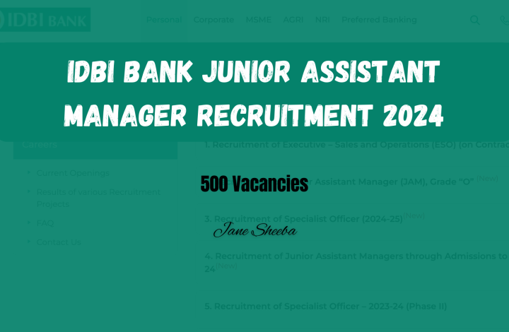 IDBI Bank Junior Assistant Manager Recruitment 2024