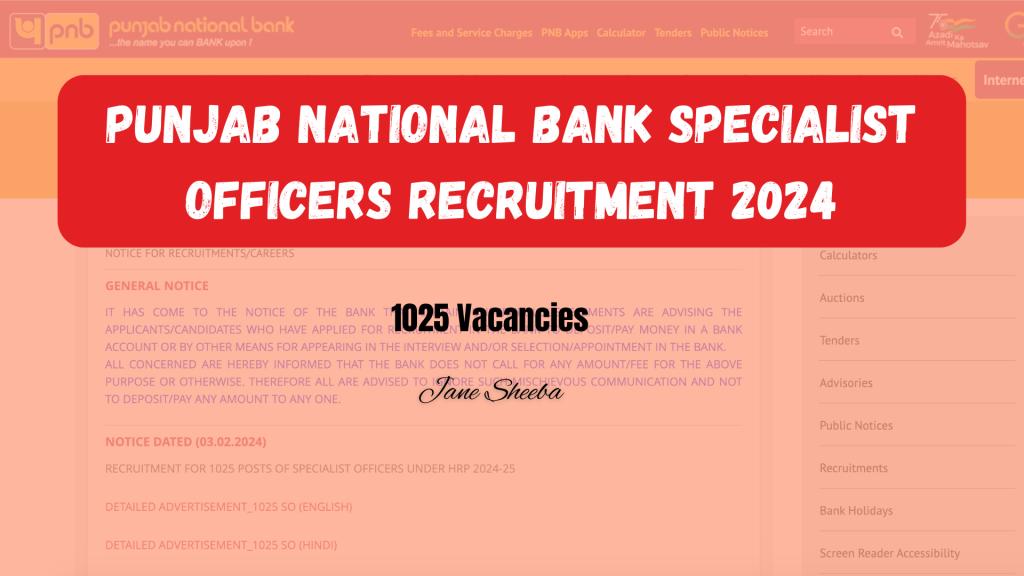 Punjab National Bank Specialist Officer Recruitment 2024